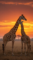Two giraffes embracing at sunset in African savanna. Vertical portrait of two Masai giraffes interacting during golden hour. Wildlife conservation concept.
