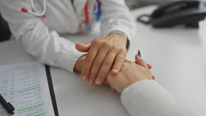 Obraz premium Doctor holding patient's hand in hospital room showcasing support and care in medical setting with a focus on human connection and compassion indoors.