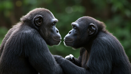 Two chimpanzees facing each other in a dark forest setting. Close-up portrait of two primates interacting.