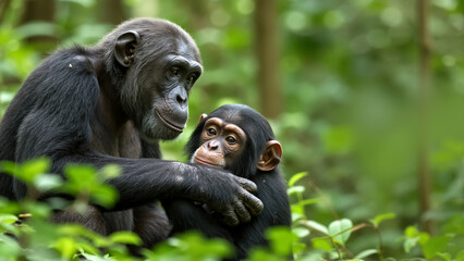 Chimpanzee mother embracing her baby in lush jungle foliage. A female chimpanzee holds and gazes at her infant amidst dense green vegetation. Horizontal banner with copy space for text.