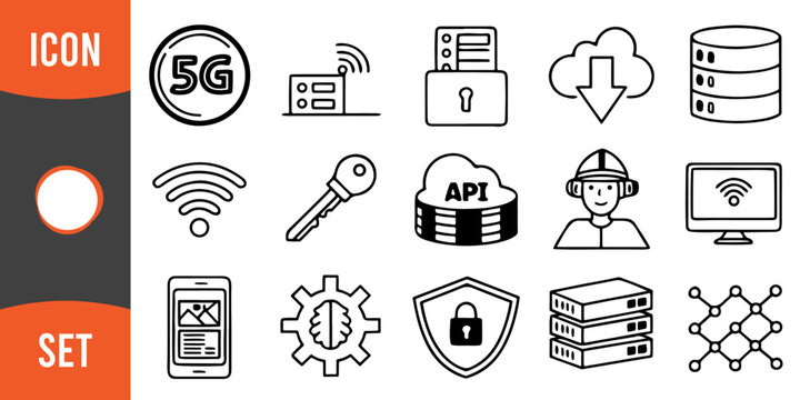 Minimalist Technology and Network Icon Set – Black and White Line Art with Dark Gray and Orange Accent
