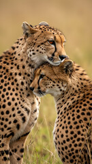 Fototapeta premium Two cheetahs nuzzling in golden savanna grass. Vertical close up of two spotted cats showing affection in a wildlife habitat.
