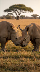 Fototapeta premium Vertical photo of two white rhinoceroses interacting in a grassy savanna
