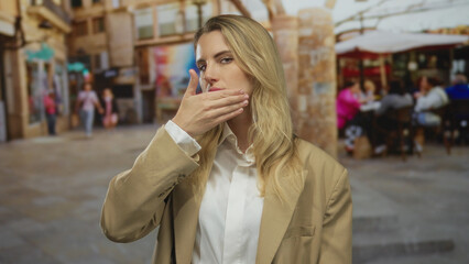 Woman outdoors in a city street, covering eyes and mouth, wearing beige jacket and white shirt, with people blurred in a vibrant urban background.