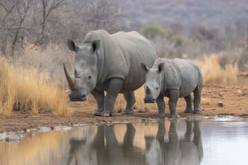 Fototapeta premium Rhino and calf exploring a muddy watering hole in the wilderness