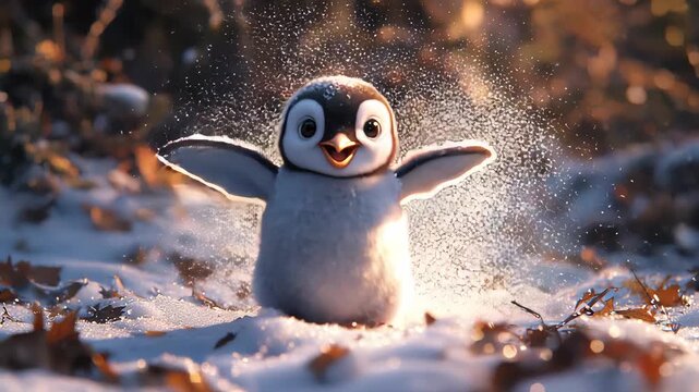 Playful Baby Penguin Bouncing in Snowy Landscape