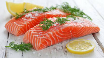 Freshly prepared salmon fillets placed on a wooden cutting board, garnished with herbs and sea salt, accompanied by sliced lemon, ready for a delicious and nutritious meal preparation or culinary deli