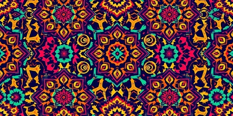 Intricate geometric ethnic pattern with vibrant colors, perfect for textile design, culture, handmade