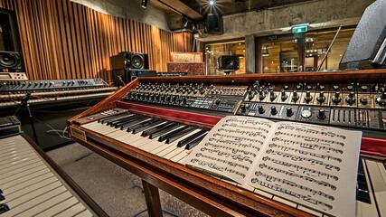 A vibrant music studio showcasing vintage synthesizers and sheet music in a creative environment