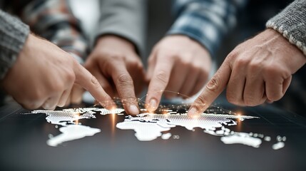 Diverse hands with varying skin tones and sleeve styles pointing towards an illuminated digital world map on a dark surface, symbolizing global collaboration, interconnected networks, teamwork