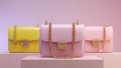 Three pastel-toned handbags on a light beige platform, featuring gold-toned chains and clasps
