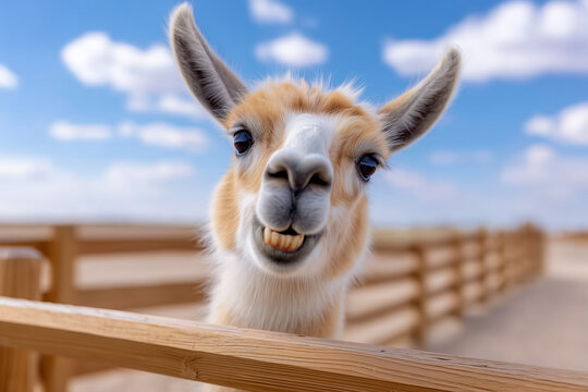Happy llama showing off its teeth in a sunny day, close-up on animal face behind the fence