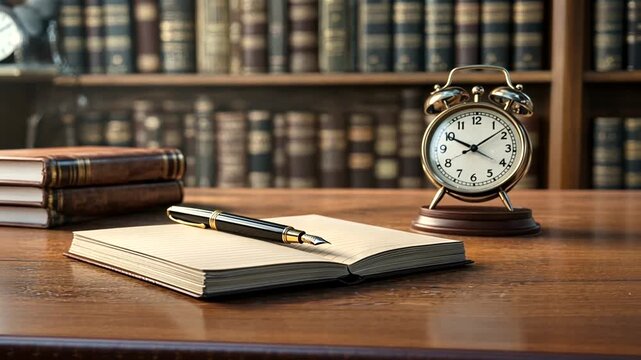 A vintage alarm clock beside an open notebook and pen on a wooden desk in a library setting