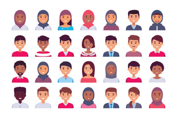 Diverse Face Icons: Illustrative collection of faces, with diverse representation showcasing people of different backgrounds, ethnicities, and cultures in a flat design.