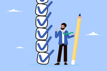 Getting things done: Confident expert ticks off checklist tasks. Embodies accomplishment, project success and business efficiency.