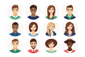 Diverse Circle Portraits: Capturing the essence of unity, a collection of illustrated portraits of diverse individuals, each radiating unique features, encapsulated in a simple circle