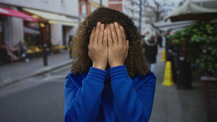 Hispanic transgender woman in blue hoodie frames head with hands on a bustling street; astonishment.