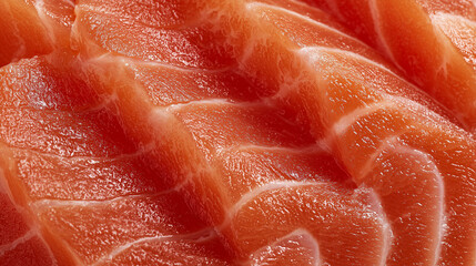  fresh salmon fillet. macro image displaying the detailed texture and vibrant color highlighting the lines, marbling, and smooth surface.
