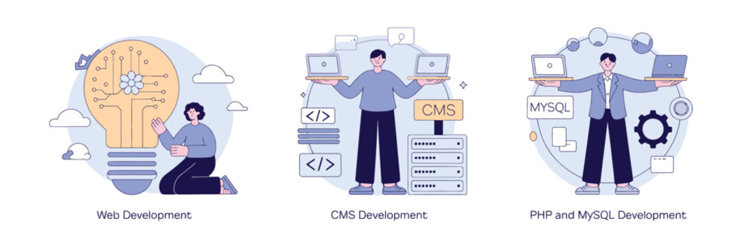Website Development Architecture Featuring Programming Languages Like PHP, MySQL, CMS Integration, UI Design, and Software Testing for Web and App Projects