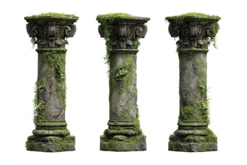 Three weathered stone columns overgrown with moss
