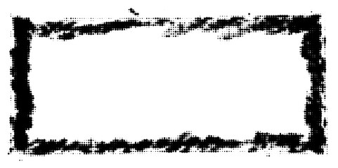 Grunge rectangle frame with heavy halftone dots and irregular ink strokes. Vector illustration with bold texture.