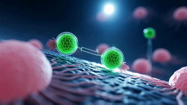 Microscopic view of nanoparticles attacking cancer cells, potentially offering innovative cancer treatment and representing advancements in nanomedicine and targeted drug delivery