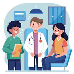 Obraz premium Friendly Doctor Meeting with Patient and Assistant in a Medical Office Featuring a Clean and Modern Aesthetic with a Focus on Healthcare and Patient Well