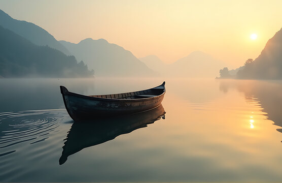 weathered wooden boat glides effortlessly across surface serene lake dawn soft golden light