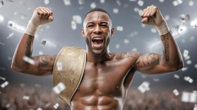 Happy fighter stands in the ring with a champion belt, golden confetti falling around him. Emotions of triumph, sporting victory and the end of a tough fight. Atmosphere of celebration and glory.