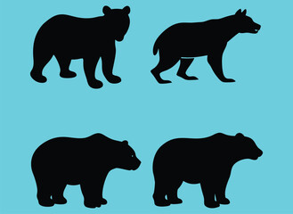 Bear silhouettes vector set: wild animal icons including grizzly, polar, and cartoon bears, perfect for nature and wildlife illustrations