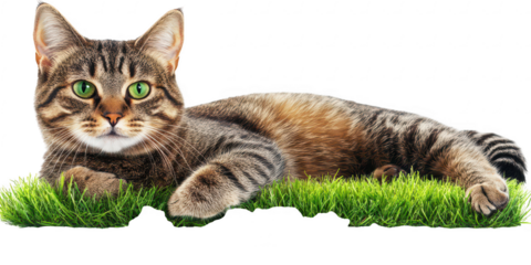 Tabby cat green eyes resting on grass isolated on a transparent background