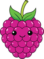 Cute kawaii raspberry character with a happy face and green leaves isolated on white background