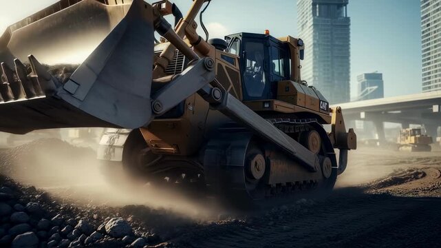 Powerful yellow bulldozer moving heavy rocks, clearing dusty ground near urban skyscrapers and parked construction vehicles during infrastructure development project