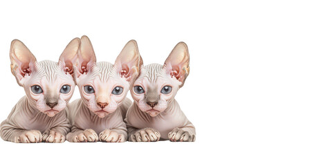 Three sphynx kittens isolated on a transparent background