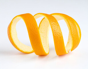 Curled orange peel spiral isolated on white background showing fresh citrus fruit zest