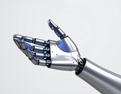 Detailed 3d render of a shiny metallic futuristic robotic hand with open palm