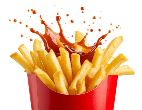 Flying Ketchup over French Fries in Red Package, Cutout PNG