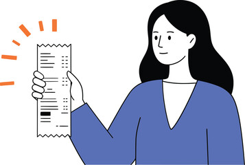 Woman holding receipt with long black hair wearing blue sweater simple vector design