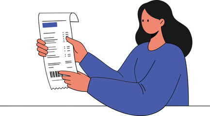 Woman reading bill invoice holding paper document in blue sweater vector illustration digital art