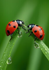 Fototapeta premium Two ladybugs are perched on a blade of grass with water droplets