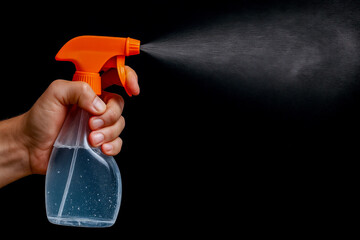 Hand holding orange spray bottle releases fine mist against black background, illustrating cleaning or gardening activities. image captures motion and detail of spray