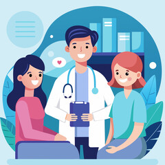 Fototapeta premium Friendly Doctor Consulting with Two Female Patients in a Modern Medical Office Creating a Positive and Caring Healthcare Environment with a Focus on Patient Well