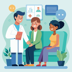 A doctor in a white coat consulting with two female patients sitting on a couch with medical charts and speech bubbles in the background creating