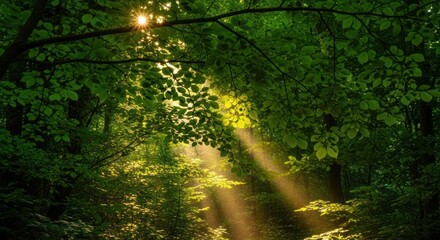 Sun rays shining through forest trees along a peaceful nature path