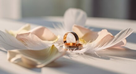 Golden wedding rings beautifully decorate a bridal bouquet of flowers, symbolizing love and engagement