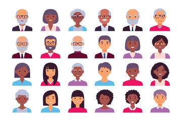 Diverse Faces: A collection of diverse individuals of different ages and backgrounds, rendered in a flat vector illustration, reflecting unity and representation.