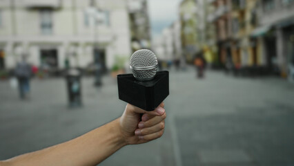 Man holding microphone on city street with blurred pedestrians in urban outdoor setting, capturing a dynamic interaction between media and public life.
