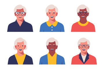 Diverse Senior Portraits: Collection of six diverse senior citizen avatars, each showcasing unique facial features and attire.  Ideal for website illustrations, app icons or diverse representation. 