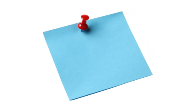 Single light blue sticky note with red push pin isolated on transparent background