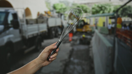 Hand holding whisk in front of a construction site with trucks on a busy street under a clear sky, showcasing an unexpected blend of kitchen and urban outdoor environments.